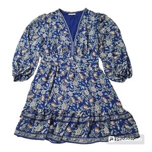 2 FOR 20 SALE Max Studio A Line Midi Dress Balloon Sleeve Blue Floral Size Large